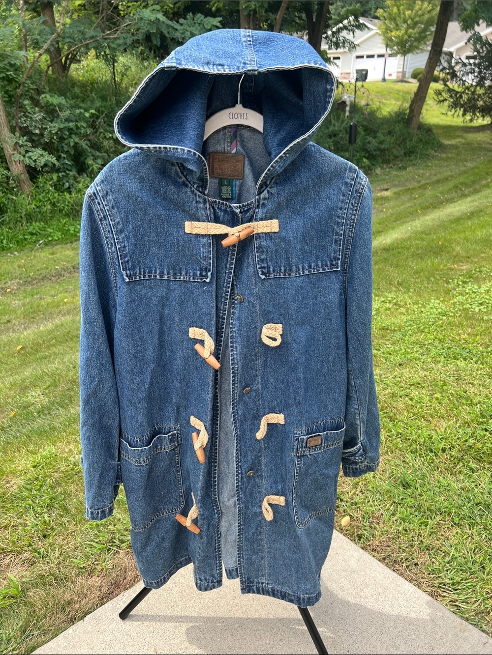 Vintage Ralph Lauren Jeans Co Blue Denim Hooded Toggle Jacket Trench Coat Size L
